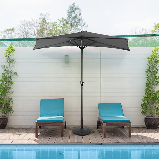 Half Umbrella Outdoor Patio Shade - 9 ft Patio Umbrella with Easy Crank - Small Canopy for Balcony, Table, or Deck by Pure Garden (Gray)