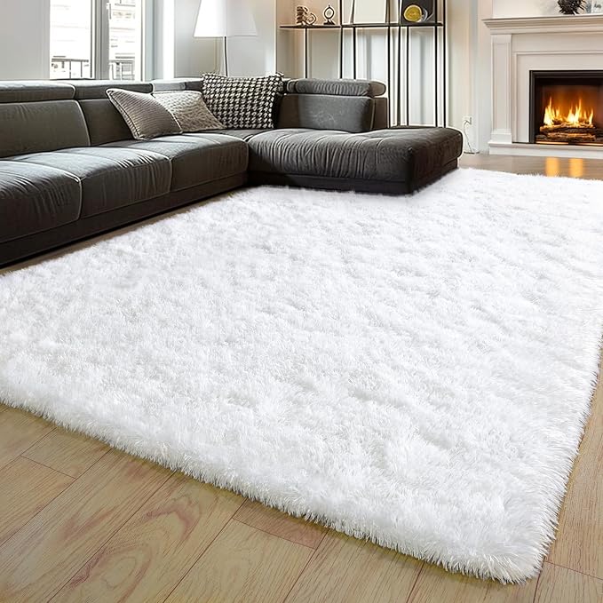 9x12 Large Fluffy Area Rugs for Living Room, White | Upgrade Non-slip, Washable, Flame Resistant, High Pile Big 9 x 12 Shag Rug Plush Carpet for Bedroom Kids Room Dorm Home Decor