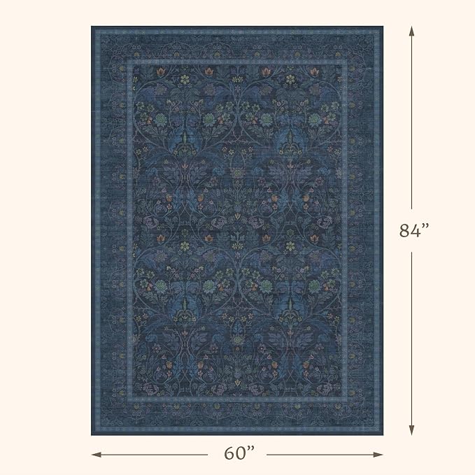 Washable Dark Blue 5x7 Living Room Area Rug - Small Dining Room Rugs for Under Table, Non Skid & Low Pile Bedroom Carpet, Thin Nature Botanical Pattern Mats (Navy Blue)
