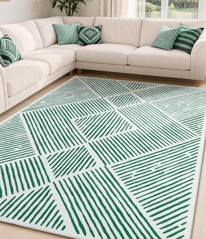 5‘x7' Washable Mid Century Modern Green Area Rug for Living Room | Non-Slip, Soft, Low Pile, Stain Resistant, Modern Geometric Stripe Rug for Bedroom Dining Room