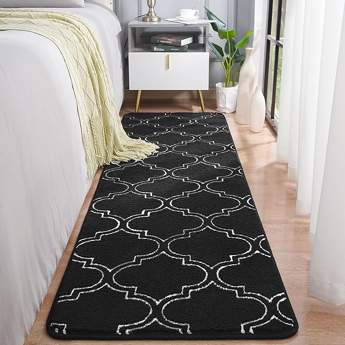 Chicrug 2x6 Shag Geometric Modern Runner Rug for Bedroom Hallway | Memory Foam Indoor Runner Carpet, Fluffy Rug for Living Room Bedside Room for Family, Black and White