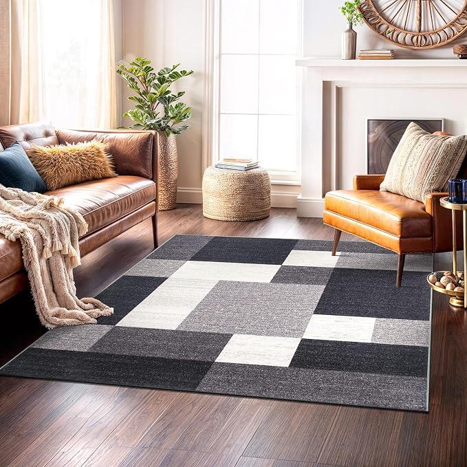 Rugshop Modern Boxes Non-Slip Living Room Square Rug Gray 6'6" x 6'6" | Square, Size 6'6" x 6'6", Bedroom, Dining Room, Home Office, Kitchen, Entryway, Hallway, Nursery, Kids Room, Guest Room