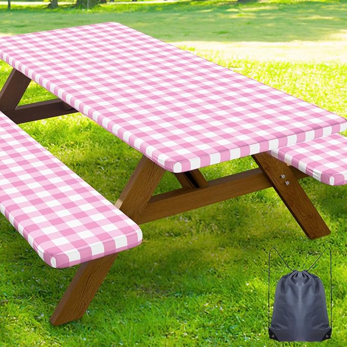 Smiry Picnic Table Cover with Bench Covers, Waterproof Elastic Fitted Tablecloths for 5 Foot Rectangle Tables, Washable Buffalo Plaid Tablecloth for Camping, Outdoor (Pink & White, 30"x60")