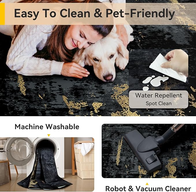 RELEANY Washable 9'x12' Abstract Area Rug for Living Room Black Gold | Carpet for Bedroom, Kitchen, Office, Hallway and Entryway, Printed Pattern, Non‑Slip, Soft, Stain‑Resistant, Easy to Clean