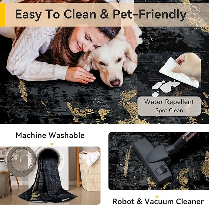 RELEANY Washable 4'x6' Abstract Area Rug for Living Room Black Gold | Carpet for Bedroom, Kitchen, Office, Hallway and Entryway, Printed Pattern, Non‑Slip, Soft, Stain‑Resistant, Easy to Clean