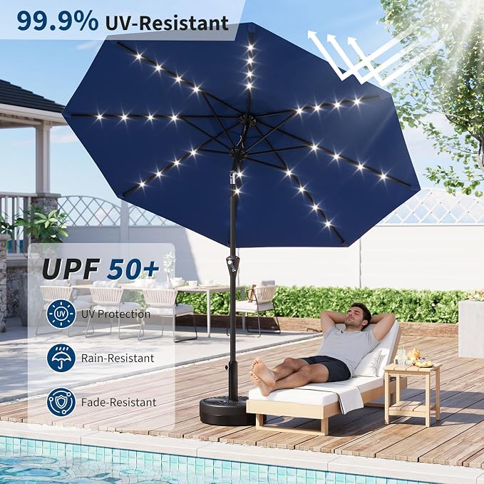 Patio Umbrella with Solar Lights, Outdoor Table Umbrella with 8 Durable Ribs, Tilt & Crank Mechanism, Water & UV Protection Sun Shade Umbrella for Garden, Poolside, Backyard (Navy Blue, 10 FT)