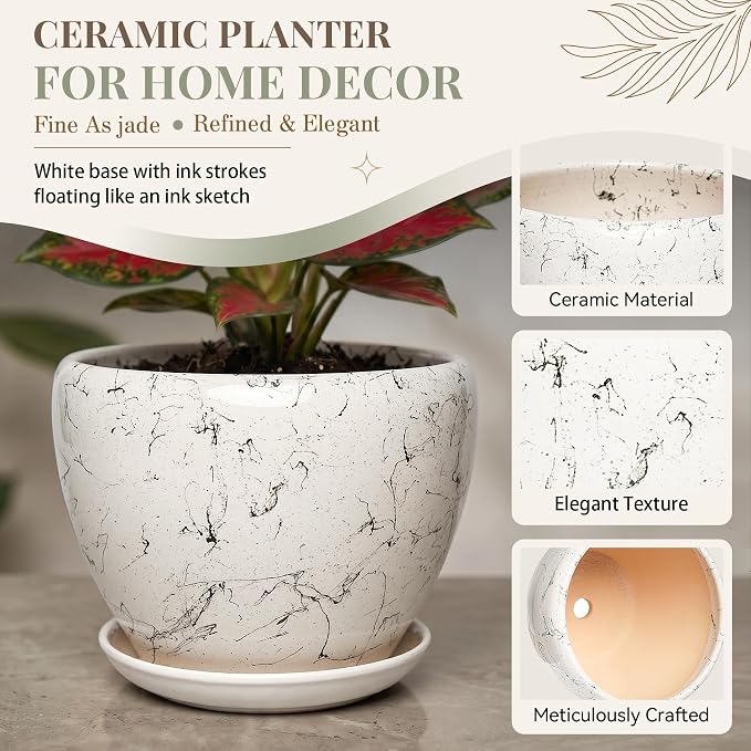 9.5 Inch Ceramic Plant Pot with Drainage Hole Mesh Net,Modern Gardening Pots for Indoor Plants with Saucer, White Silk