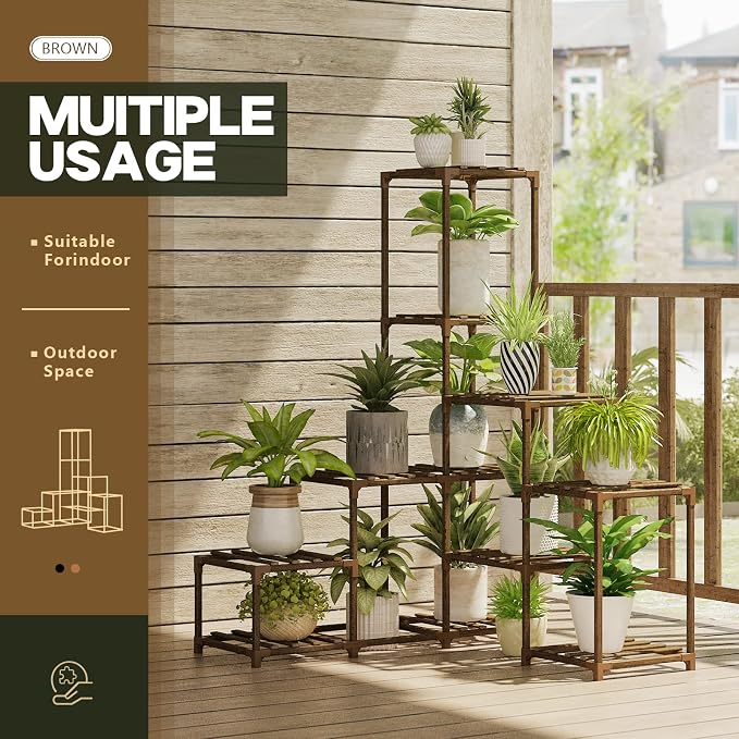 Bamworld Plant Stand Indoor Corner Plant Shelf Wood Plant Holder 13 Pots for Multiple Plants Home Decor for Gardening Gifts