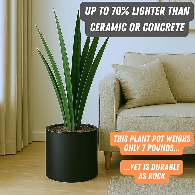 Fox & Fern Large Indoor Planter, Modern Large Plant Pot for Indoor or Outdoor, UV and Frost Resistant - 12 Inch, Fiberstone, Matte Black Flower Pot with Drainage Plug, Lightweight