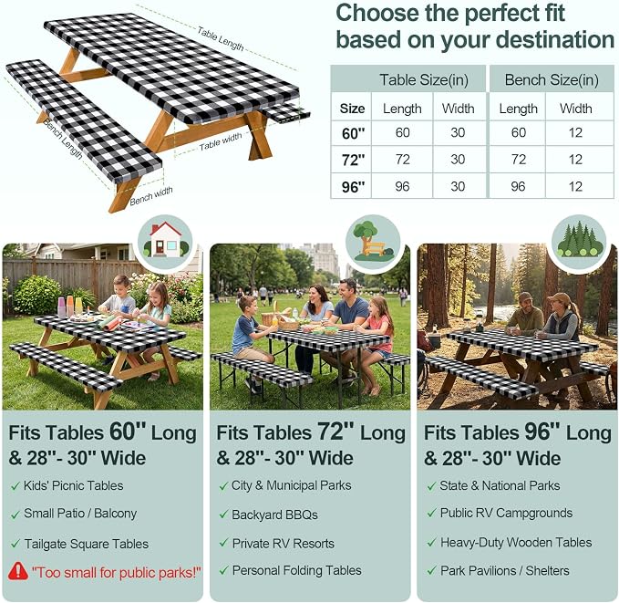 Play Tailor Picnic Table Cover with Bench Covers Camping Essentials Waterproof Windproof Camping Tablecloth with Drawstring Bag, Fitted Rectangle Tables and Seats, 72in, White Black Checkered