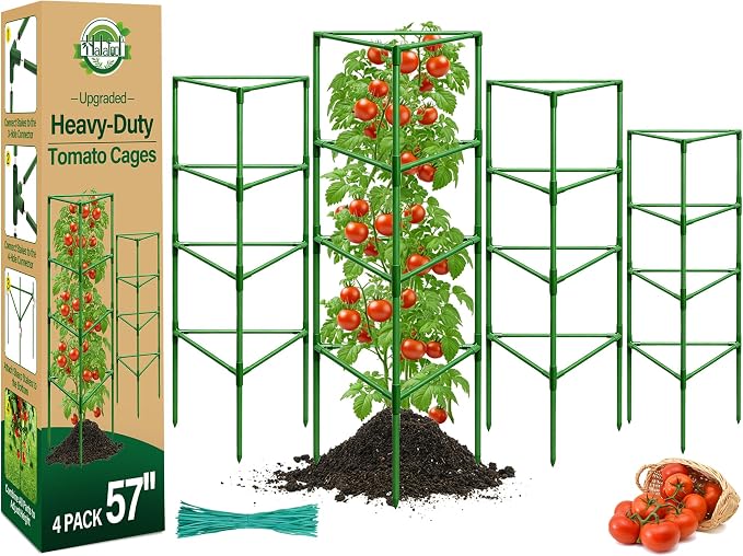 Halatool 57" Tall Tomato Cages, 4 Pack Heavy Duty Plant Support for Garden | Metal Stakes for Raised Beds and Pots, Adjustable Foldable Trellis for Cucumbers, Peppers, Flowers, and Climbing Plants