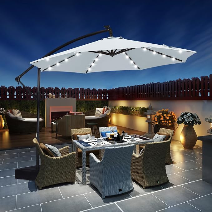 ABCCANOPY 10 FT LED Patio Umbrellas Cantilever Umbrella with base, 360° Rotation Outdoor Lighted Offset Umbrella Bonus Fixed Frame & Weights Bag for Backyard, Deck, Poolside (Gray)