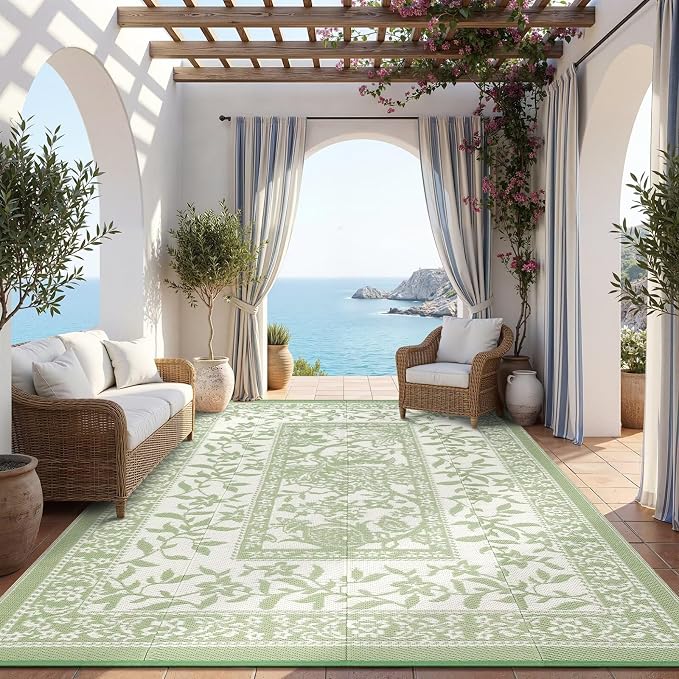 Garvee Outdoor Rug 9x12, Waterproof Reversible Foldable Plastic Straw Rug, Botanical Cottagecore Outdoor Rugs Patio Camping RV Carpet for Deck Camper Porch Balcony Picnic Beach Gray Sage Green