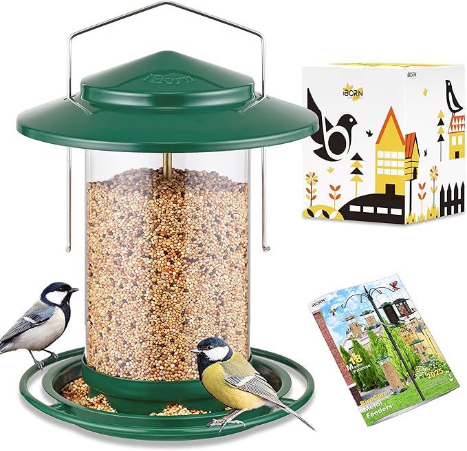 iBorn Metal Bird Feeders for Outdoors Hanging,Wild Bird Feeders for Cardinal,18cm Large Roof &Tray New Green 6 Port (Seed is not Included)