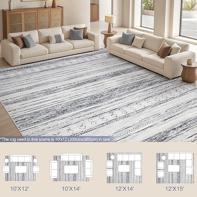 Tortania Area Rug Living Room Rugs - 10x14 Washable Large Soft Neutral Boho Moroccan Bohemian Farmhouse Rug Indoor Floor Carpet for Bedroom Under Dining Table Home Office Decor - Grey