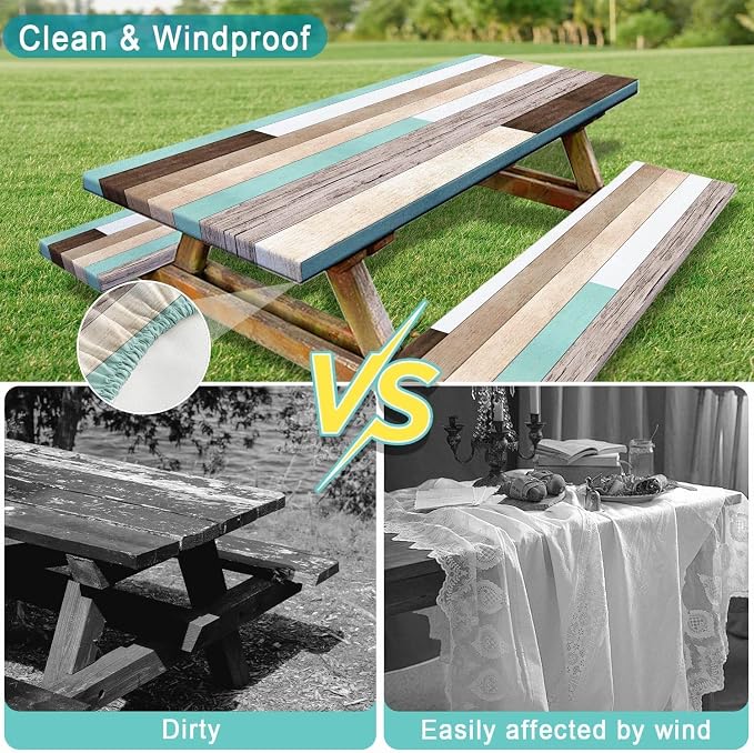 Picnic Table Cover with Bench Covers and Bag, Teal Wooden Camper Waterproof Windproof, Fitted Tablecloth Cover with Elastic Edge, for Indoor & Outdoor, Garden, Camping, 3 Pieces Set, 30x60 Inch
