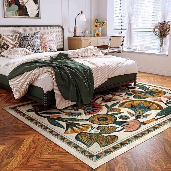 Zealude Egypt Floral Washable Area Rugs for Living Room 5x7 Boho Large Vintage Beige Bedroom Dining Room Rug,Non Slip Soft Throw Carpet for Entryway Kitchen Office Hardwood Playroom (5 x 7)