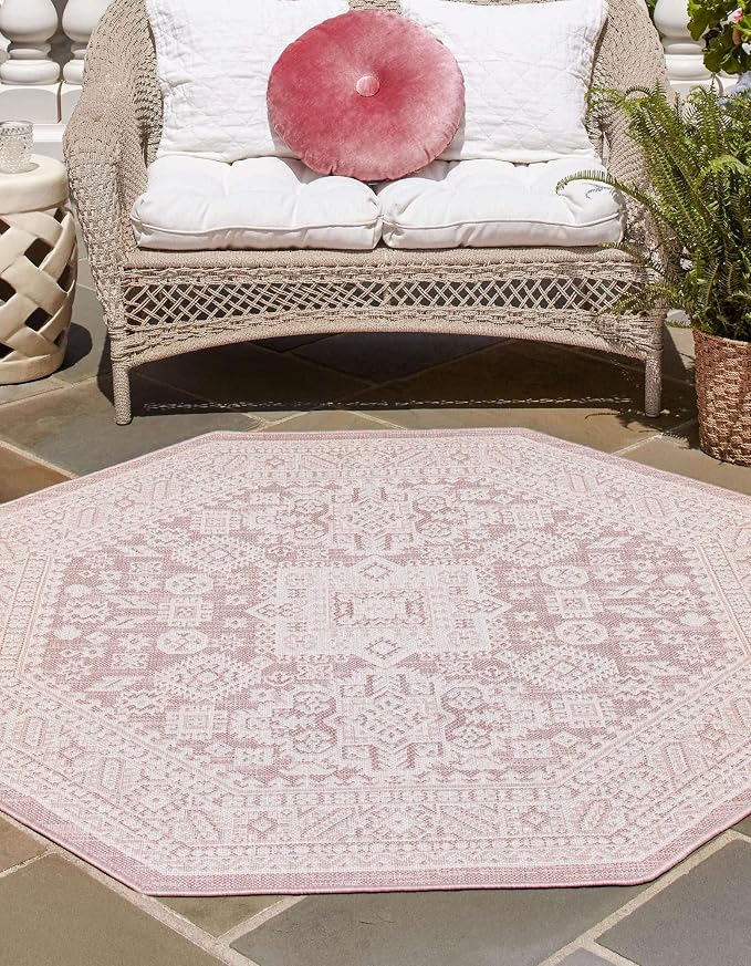 Unique Loom Outdoor Aztec Collection Area Rug - Chalca (5' 3" Octagon, Pink/ Ivory)