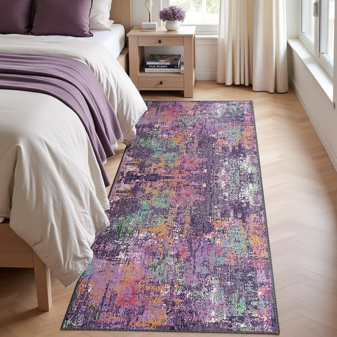 RELEANY Washable Runner 2'x6' Abstract Area Rug for Hallway Purple Multi | Carpet for Kitchen, Entryway, Bathroom, Living Room, Bedroom, Printed Pattern, Non‑Slip, Soft, Stain‑Resistant, Easy to Clean