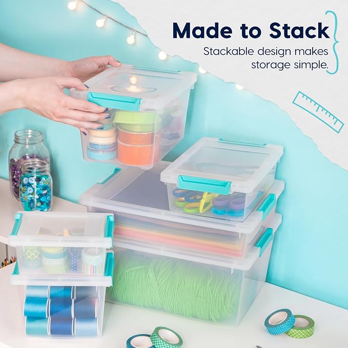 IRIS USA 1 Qt. Craft Storage Bins with Lids, 6-Pack, |Made in USA|, Clip Box, Small Plastic Sensory Bin Tote Organizer Containers for Art Supplies, Paper, & Office, Stackable - Clear/Seafoam Blue