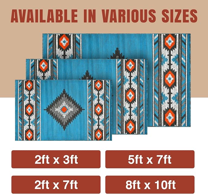 YHSF Southwestern Area Rug - Anti Static & Washable - Blue | Soft Native American Tribal Floor Rugs for Living Room, Bedroom, Hallways, and More - Easy-to-Clean Home Decors
