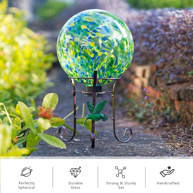 10 Inch Glass Gazing Ball with 9.4" H Metal Stand | Glass Gazing Globe Display Holder Set for Outdoor Garden Lawn Yard Decoration, Bright Summer Burst