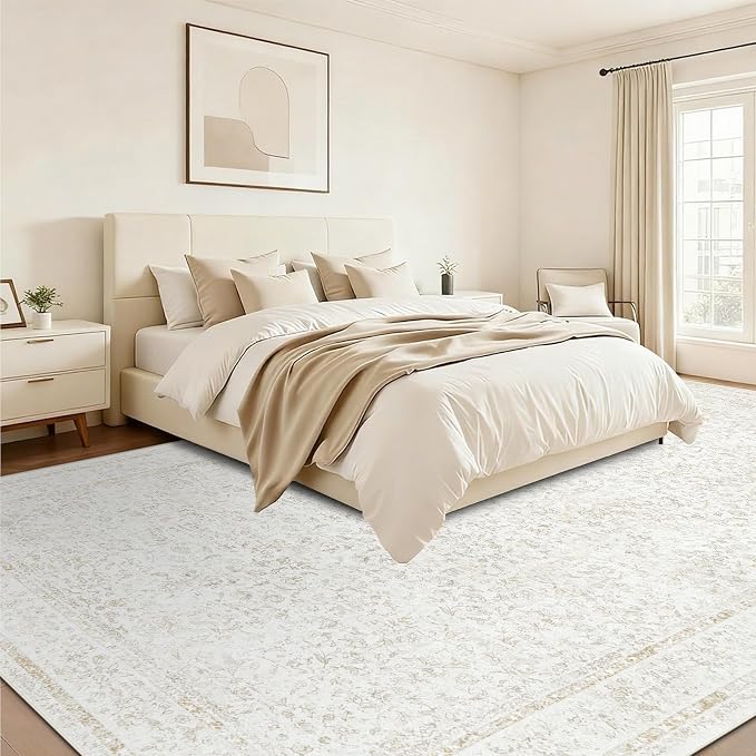 10x14 Area Rugs for Living Room: Washable Large Vintage Floral Rug Low Pile Non-Slip Boho Carpet for Bedroom Home Office Dining Room (FloralBeige, 10'x14')