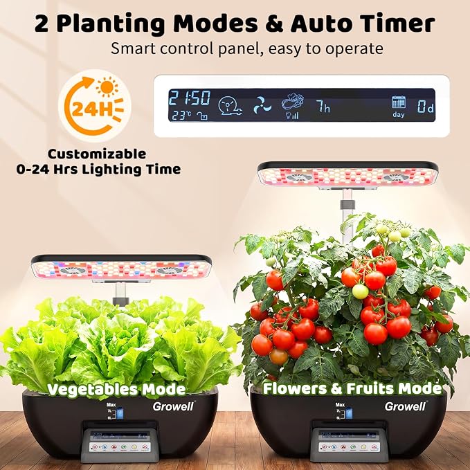 Growell 17 Pods Hydroponics Growing System Kit, Indoor Garden with 2 Fans | for Airflow & Anti-Mold, LED Grow Light, Smart Water Cycle, Auto Timer, 10L Large Water Tank,Gardening Gift, Black/Gery