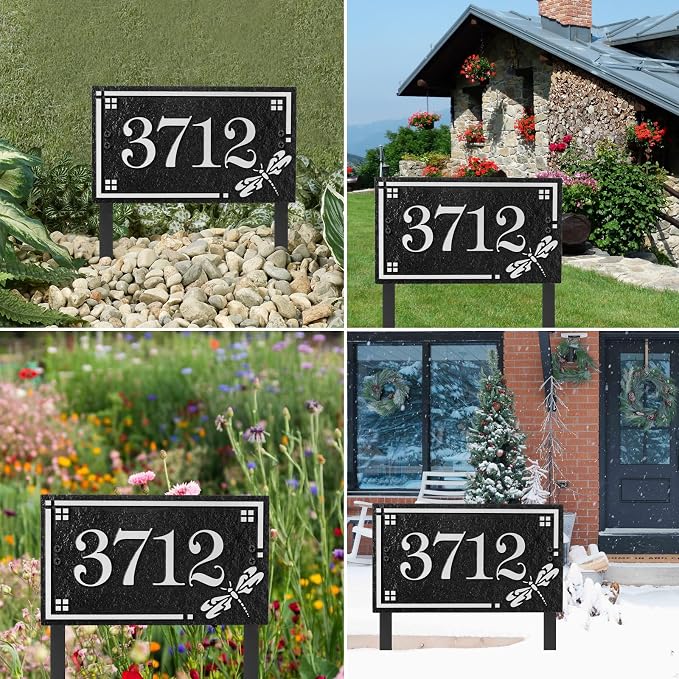 House Address Sign Address Plaque for Outside Custom Street Name Address Sign House Number with Lawn Stake (Black/Silver)