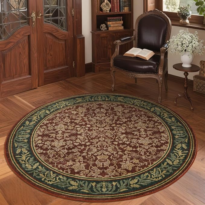 GarveeHome Round Rugs 4ft Washable Circle Rug for Living Room, Red | Boho Vintage Non Slip Soft Low Pile Stain Resistant Indoor Carpet for Bedroom Dining Room Kitchen Entryway Office