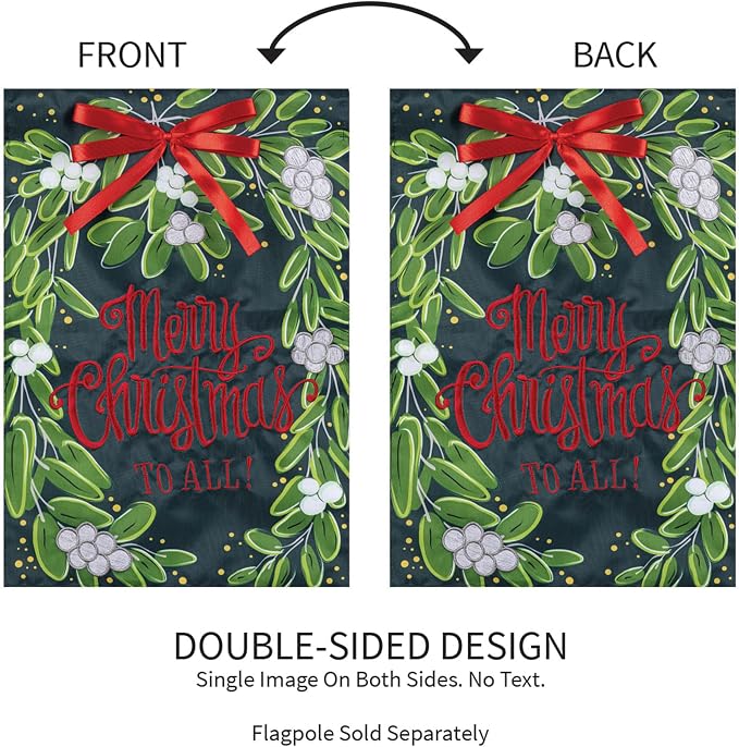 Evergreen Merry Christmas Mistletoe Garden Flags 12"x18" Double Sided, Welcome Flags for Outside, Winter Yard Flags, Christmas Decorations for Home, Porch, Yard