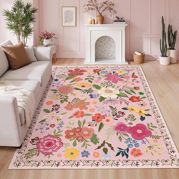 Latte&Fog Washable Living Room Floral Rugs 5x7 Pink Rugs for Girls Bedroom | Non Slip Low Pile Soft Cute Carpet for Dining Kitchen Kids Playroom Nursery Guest Room Classroom Dorm Farmhouse Office
