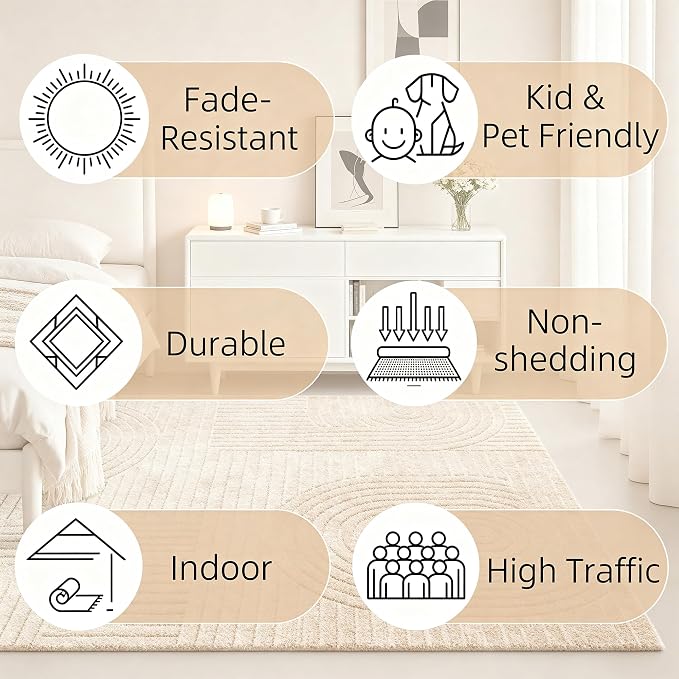 Brown Solid Area Rug 9x12 Large Washable Soft Rugs for Living Room | Modern Geometric Boho High-Low Pile Textured Fluffy Non Slip Carpet for Bedroom, Dining Room, Kids Room, Apartment, Office