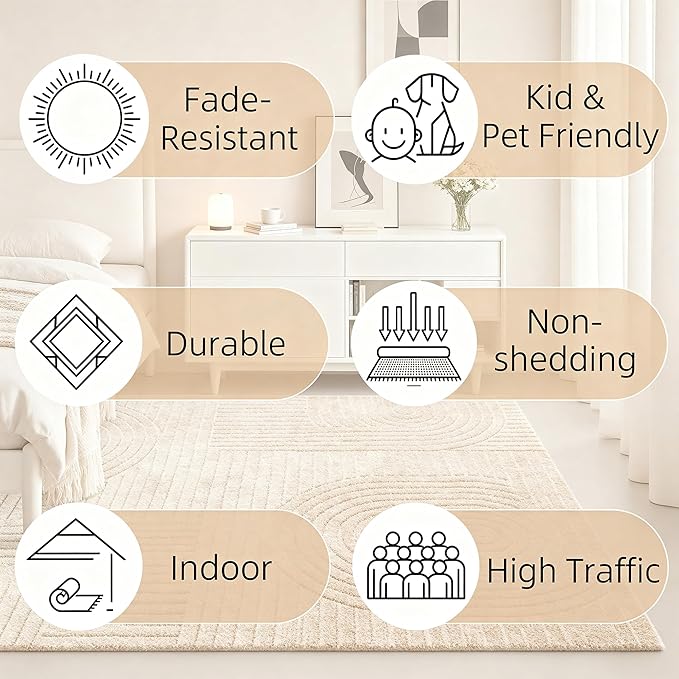 Brown Solid Area Rug 8x10, Washable Non Slip Rugs for Living Room | Soft Fluffy Modern Geometric Boho High-Low Pile Textured Carpet for Bedroom, Dining Room, Kids Room, Nursery,Apartment,Office