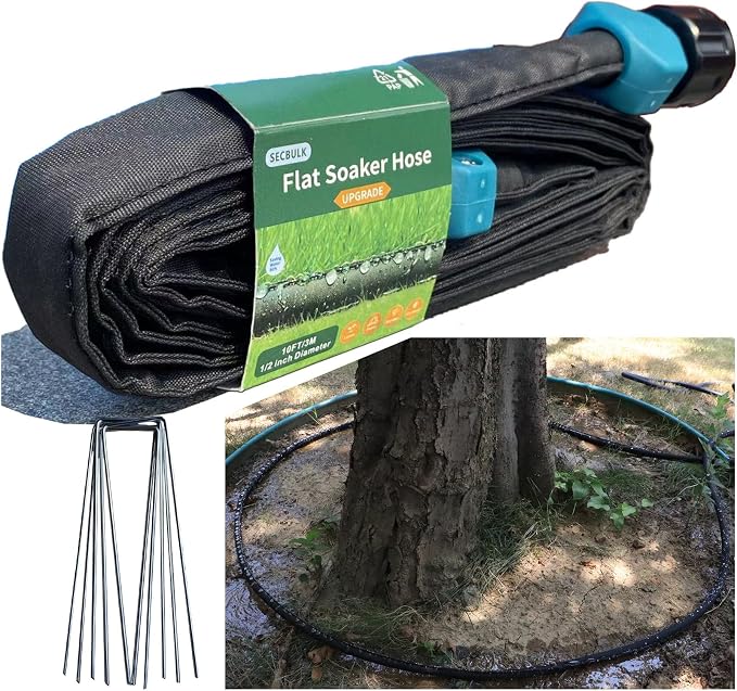 Secbulk 2026 Flat Soaker Hose 10 ft with Stakes for Garden, 10ft Linkable Drip Hose Diy Garden Irrigation System Saving 80% Water, Dual-layer Leak-free Design Water Hose with Holes