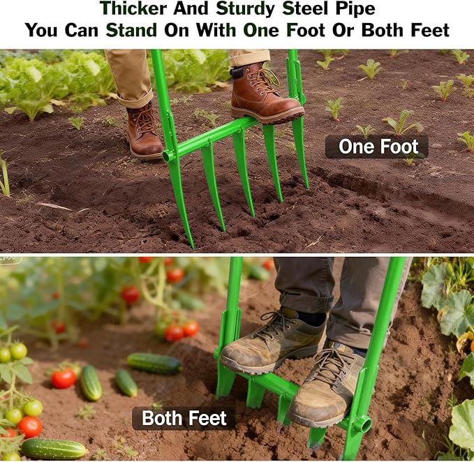 56'' Heavy Duty Broadfork for All the Soils, Unbreakable Pitchfork, 5 Sharp Cambered 11'' Tines Bord Fork Garden Tool, Ergonomic Handles, Good Package, Easy Assembly, Cultivator & Tiller, Green.