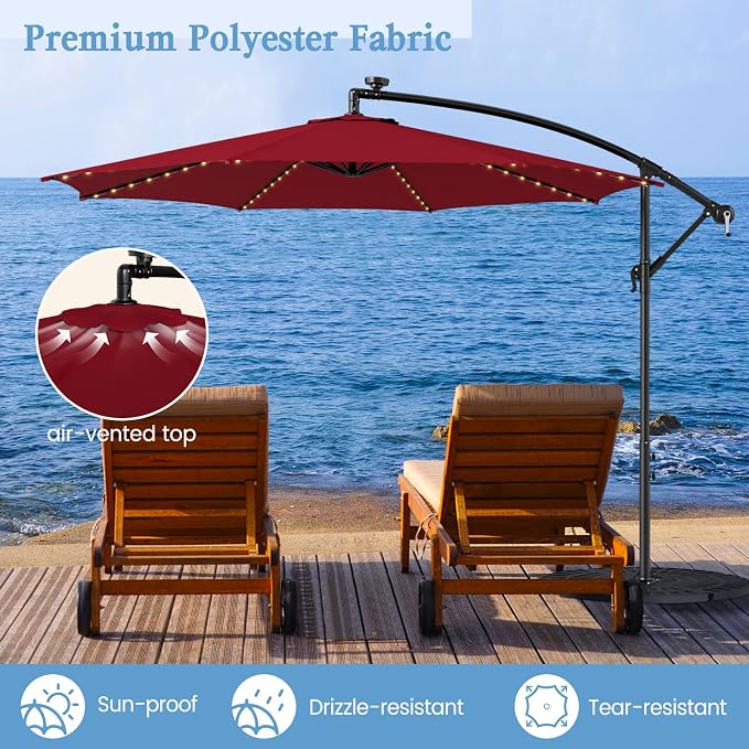 HAPPYGRILL 10FT Cantilever Patio Umbrella with Solar Lights, Outdoor Hanging Offset Umbrella with 112 LED Lights, Tilt Design, Crank Handle, Cross Base Stand for Garden Yard Deck