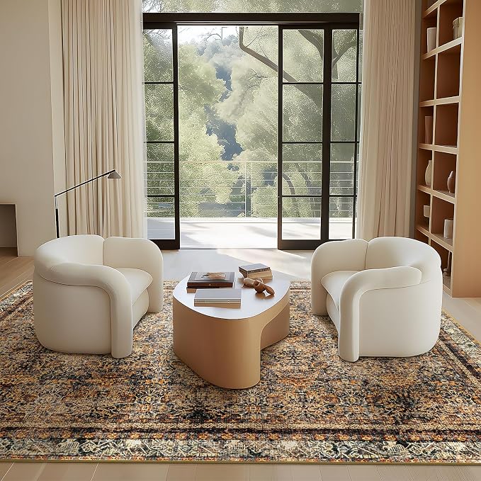 Phantoscope Washable Area Rug 5'x7' Non-Slip, Vintage Neutral Rugs for Living Room, Bedroom, Dining Room, Distressed Boho Floral Medallion Pattern, Low-Pile Foldable Carpet, Brown/Charcoal Spice