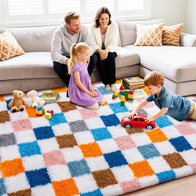 Checkered Rug 9x12 for Living Room, Ultra Fluffy Fuzzy Shag Large Area Rug for Bedroom, Modern Plush Soft Upgrade Non-Slip Carpet for Kids Girls and Boys Room Dorm Home Decor, Colorful