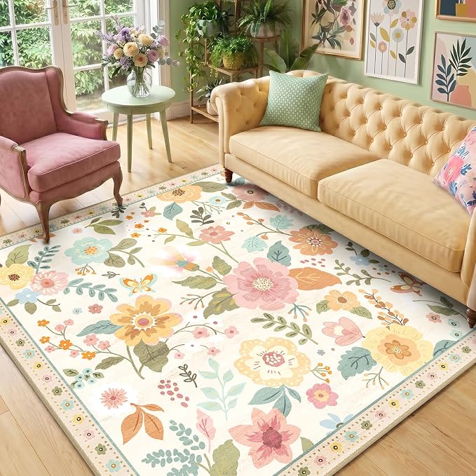 RELEANY Floral Washable Square 6ft Area Rug Beige/White/Orange | Flower Carpet, Print, Boho, Non-Slip, Easy to Clean, Soft, Low Pile for Living Room Bedroom Kitchen Office Entryway Hallway