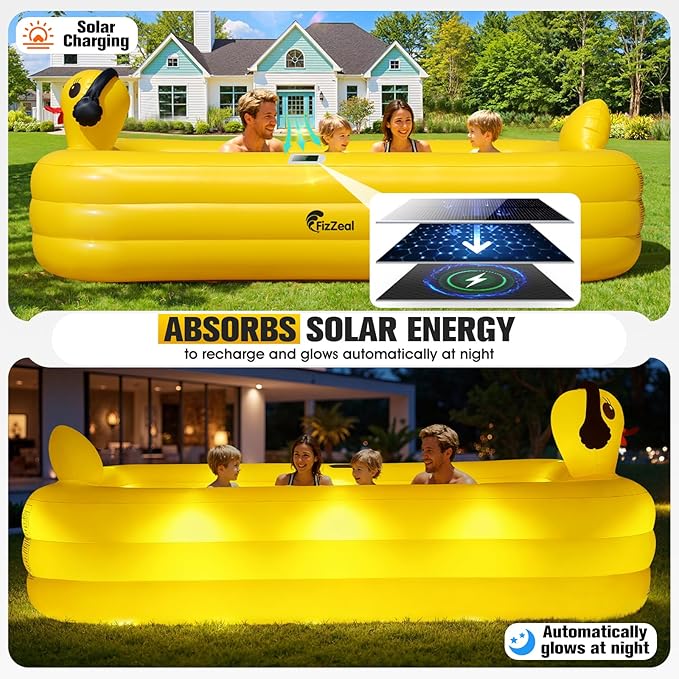 FizZeal Inflatable Pool with LED Lights,Solar Duck Inflatable Pool | 100*60*22 Thickened durable blow-up structure, suitable for kids, adults and family outdoor backyard water play