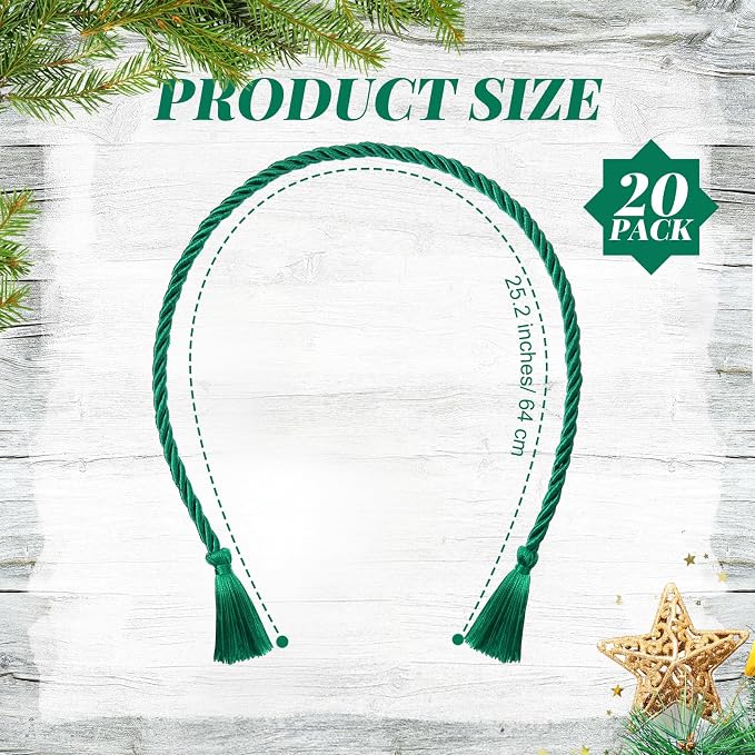 Dingion 20 Pcs Christmas Garland Decorative Banister Ties with Tassel 25.2 Inches Christmas Reusable Twist Ties for Garland Fireplace Staircase Banister Home Xmas Holiday Decorations(Green)