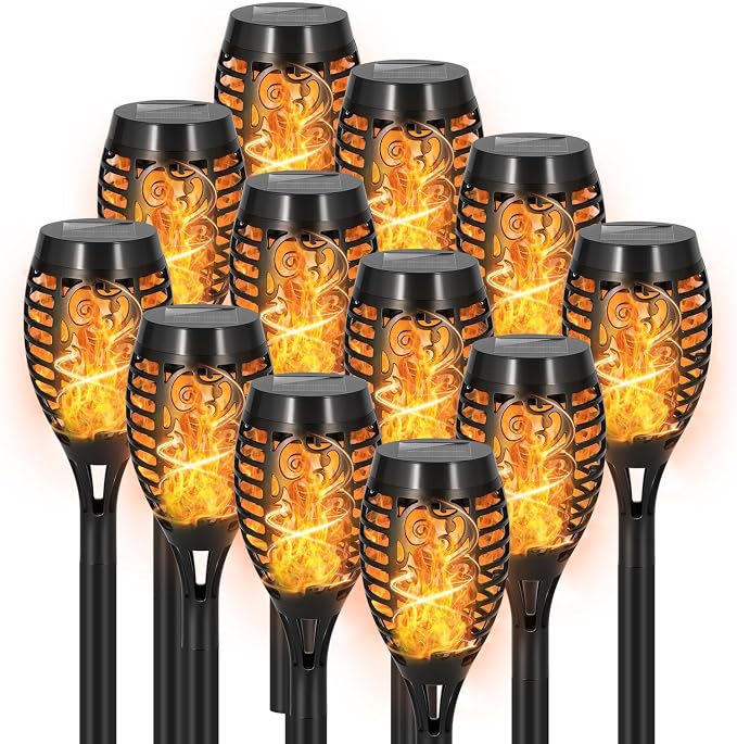 Solar Torch Flame Lights, Flickering Flame LED – Waterproof Solar Garden Lights for Patio, Yard, Pathway, Landscape & Backyard Décor (Warm WHITE-12 Pack)