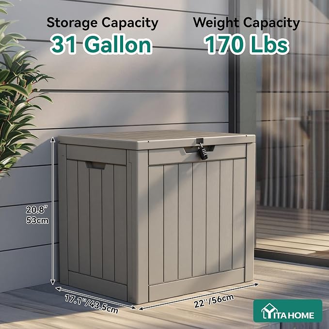 YITAHOME 31 Gallon Outdoor Storage Deck Box | Waterproof Resin Package Delivery and Storage Box with Lockable Lid for Patio Furniture Cushions, Pool Accessories, Garden