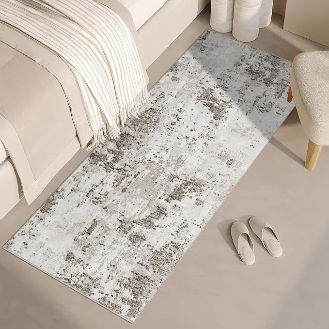 ROYHOME Modern Abstract 2x7 Runner Rug Washable Non Slip, Taupe/Beige | Stain Resistant Rug for Hallway Kitchen Bedroom Non Shedding Low Pile Indoor Floor Cover
