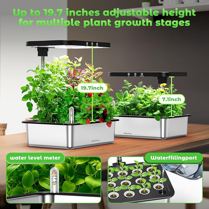 Stainless Steel Hydroponics Growing System kit Indoor Garden: 15 Pods Herb Garden with 24W Full Spectrum Grow Light, Hydroponic Gardening System with Silent Pump, Planting Height Up to 19.7" (Sliver)