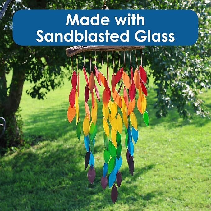 Blue Handworks Rainbow Deluxe Waterfall Glass Wind Chime | Handcrafted Deluxe Waterfall Glass Wind Chime Spanning the Full Rainbow Spectrum - Violet, Blue, Green, Yellow and Red