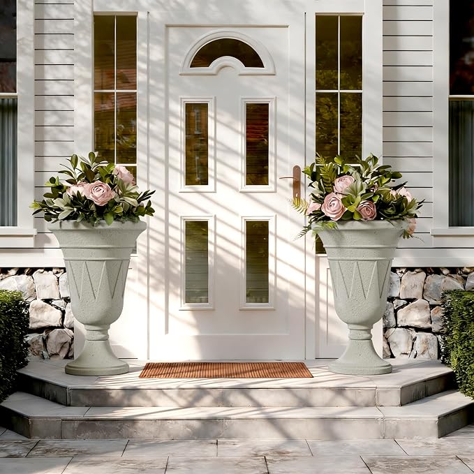 Tall Urn Planters for Outdoor Plants Set of 2-23.6" H Vintage Trophy Design Outdoor Planters for Porch Decor with Drainage Hole, Indoor Large Flower Pots, Pedestal Planter/Garden Vase, Beige