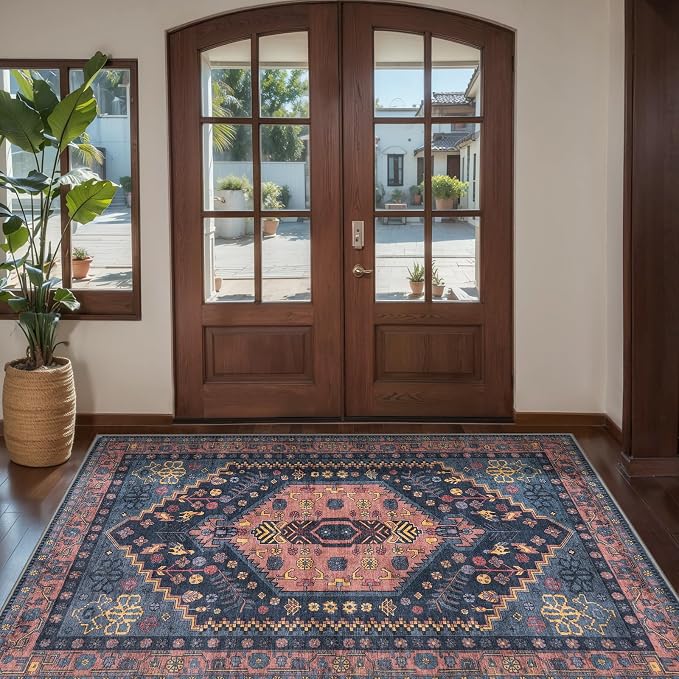 Ciicool Washable 3x5 Area Rug,Boho Non-Slip Indoor Mat for Entryway Kitchen | Oriental Low-Pile Navy Vintage Boho Indoor Entry Carpet for Bedroom Bedside Living Room Laundry Dining Room