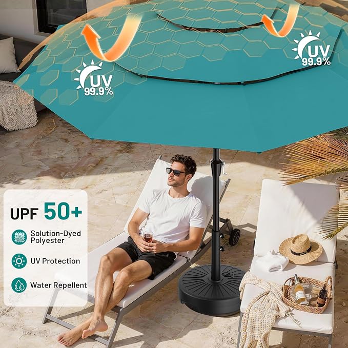 AreShark 9ft 3-Tier Patio Umbrellas, Outdoor Umbrella with 8 Sturdy Ribs UV Protection Windproof, Market Table Umbrella w/Push Button Tilt & Crank for Pool, Porch, Deck, Garden(Lake Blue)